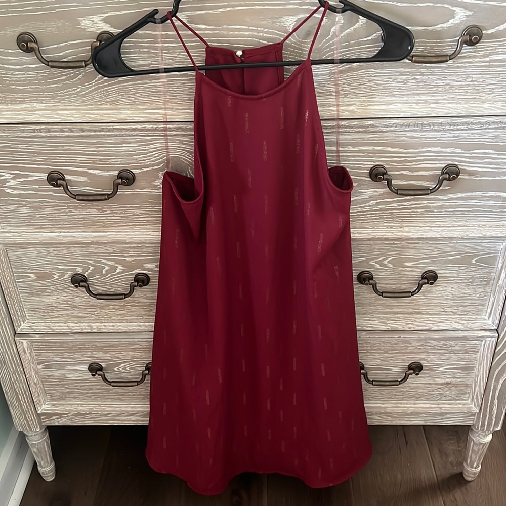 Burgundy shift dress with gold detailing